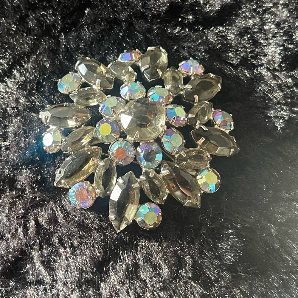 Vintage Silver and Iridescent Crystal Brooch